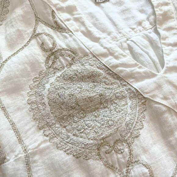 120% LINO WHITE LINEN SILVER GREY MEDALLION PRINT V-NECKLINE SHIFT TUNIC DRESS - Picture 8 of 12